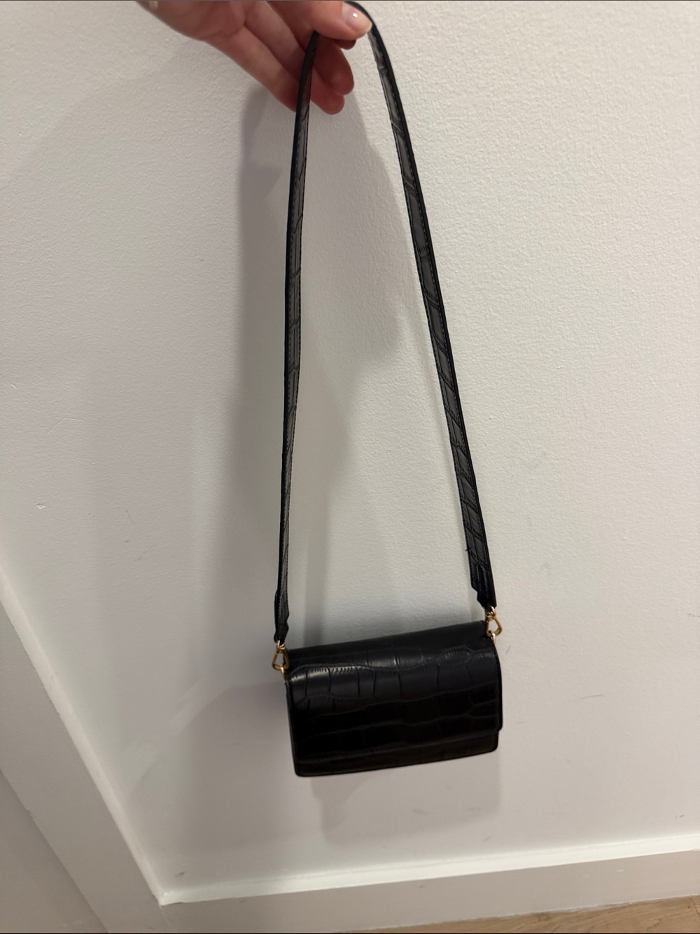 Black Croc-Embossed Shoulder Bag